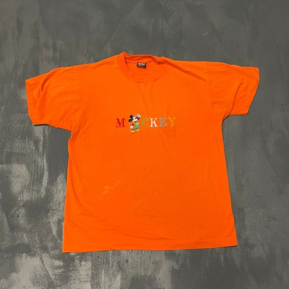 Vintage Embroidered Mickey Mouse Shirt Men Large Orange 1990s Fruit of the Loom